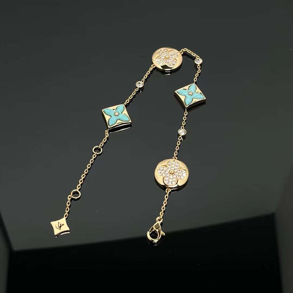 LV Bracelet New 4 Flowers With Diamonds Blue Turquoise
