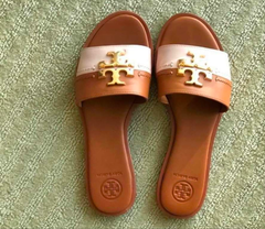 TB Everly Calf Leather Gold Logo Slide Sandals