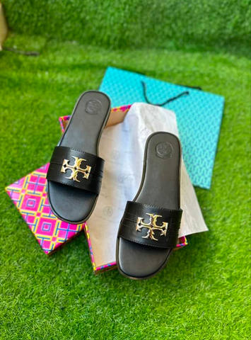 TB Everly Calf Leather Gold Logo Slide Sandals