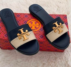 TB Everly Calf Leather Gold Logo Slide Sandals